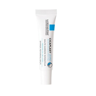 Bálsamo labial La Roche-Posay Cicaplast Lèvres em tubo branco com detalhes azuis.