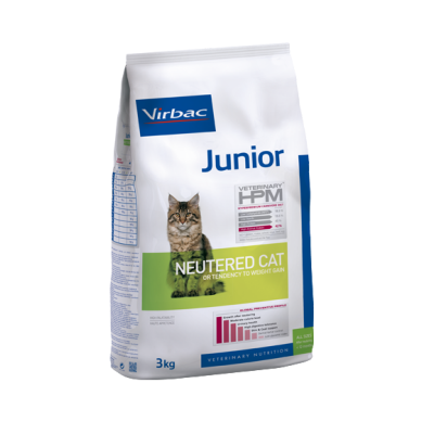 Saco branco de ração para gatos Virbac Junior Neutered Cat com imagem de gato e texto