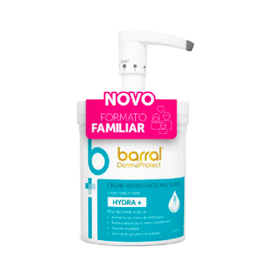 Frasco branco de creme hidratante Barral com doseador e selo rosa Novo Formato Familiar.