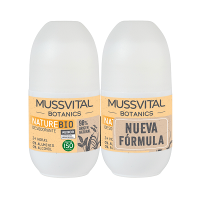 Dois desodorizantes roll-on Mussvital Botanics Nature Bio com rótulos laranja