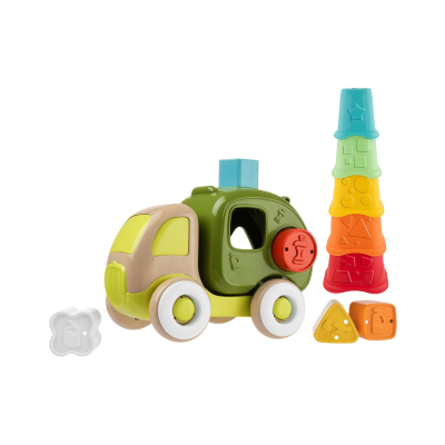 Brinquedo camião de madeira verde e amarelo com blocos coloridos empilháveis