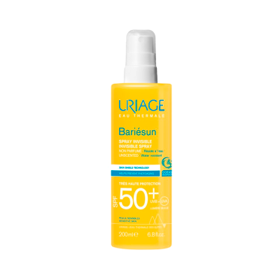Frasco de spray protetor solar Uriage Bariésun SPF 50+ amarelo com tampa branca.