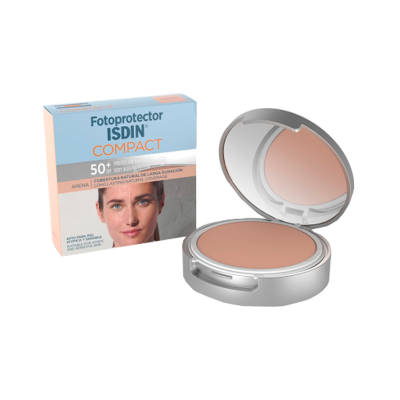 Fotoprotector ISDIN COMPACT SPF 50+, compacto bege com espelho, embalagem azul e branca