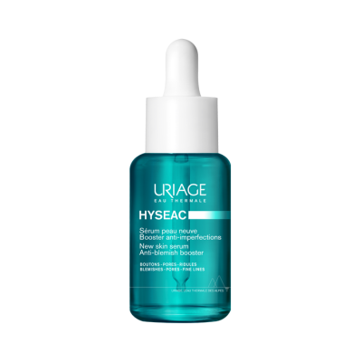 frasco azul e branco de sérum anti-imperfeições Uriage Hyseac