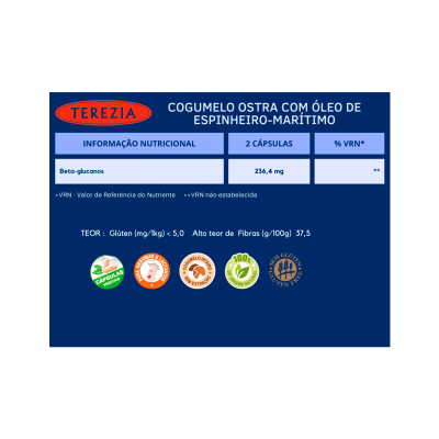 Etiqueta de suplemento alimentar Terezia Cogumelo Ostra com Óleo de Espinheiro-Marítimo em azul escuro