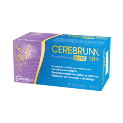 Caixa azul e roxa de suplemento alimentar CEREBRUM gold 50+, 30 cápsulas