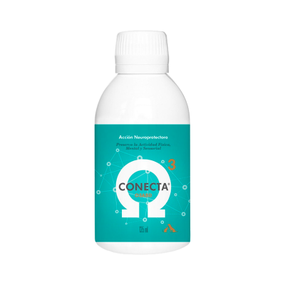 Frasco branco com rótulo azul-turquesa e texto CONECTA O3ABD