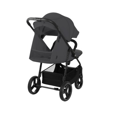 Carrinho de bebé cinza escuro com estrutura preta e rodas grandes