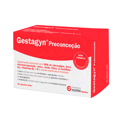 Caixa vermelha e branca do suplemento Gestagyn Preconcepção com 30 cápsulas moles.