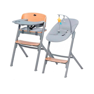 Dois cadeirões para bebé com estrutura metálica cinzenta e detalhes em madeira clara