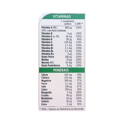 Rótulo de suplemento vitamínico e mineral com valores nutricionais detalhados