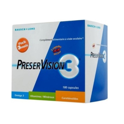 Embalagem branca e azul de suplemento PreserVision 3 com texto Pack 3 mois
