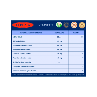 Etiqueta nutricional suplemento VITASET 7 TEREZIA com vitamina C, beta-glucanos e cogumelos