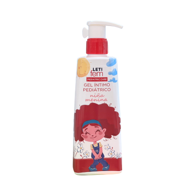 Frasco de gel íntimo pediátrico LETI fem com desenho de menina e texto em rótulo colorido