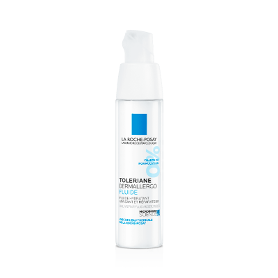 Frasco branco Toleriane Dermallergo Fluide La Roche-Posay com texto azul e preto