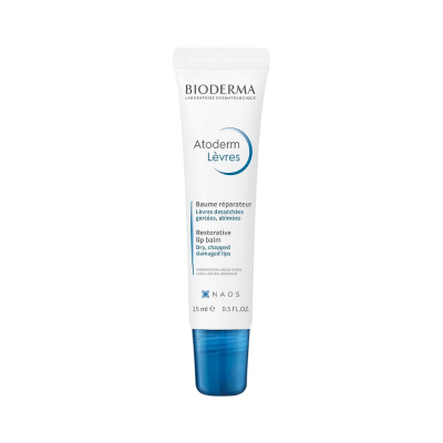 Bálsamo labial Bioderma Atoderm Lèvres em tubo branco com tampa azul.