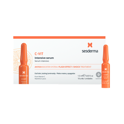 Serum intensivo C-VIT da Sesderma em embalagem branca e laranja com 10 unidades de 1.5 ml.