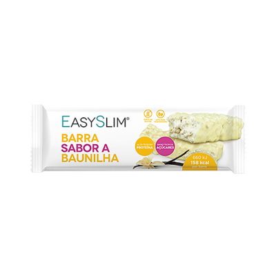 Barra alimentar EasySlim sabor a baunilha com embalagem branca e imagem da barra coberta com creme branco.
