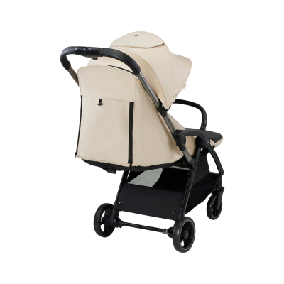 Carrinho de bebé bege com estrutura cinza e preta