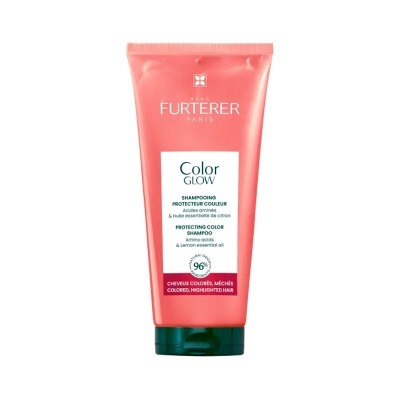 Frasco rosa de shampoo Color Glow René Furterer com tampa verde