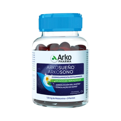 Frasco de gomas para sono Arko Pharma com tampa azul e rótulo branco