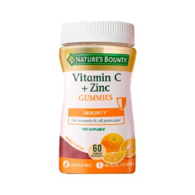 Frasco de suplemento Natures Bounty Vitamin C + Zinc Gummies com 60 gomas, sabor laranja, sem glúten.