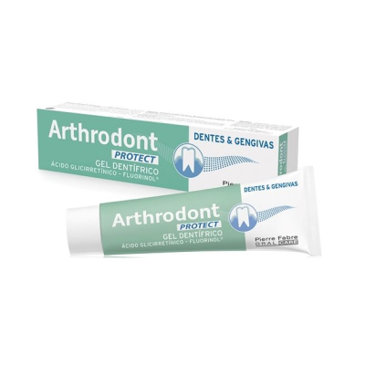 Gel dentífrico Arthrodont Protect com embalagem branca e verde-azulada