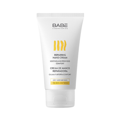 Frasco branco de creme para mãos BABÉ com texto em inglês e espanhol