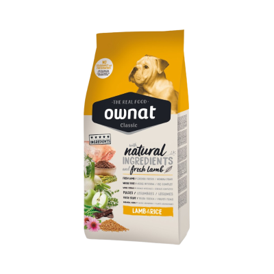 Saco de ração Ownat Classic com cordeiro e arroz para cão
