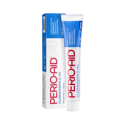 Gel dentífrico Perio·Aid Clorexidina 0,12% em tubo branco com azul e vermelho ao lado da embalagem.
