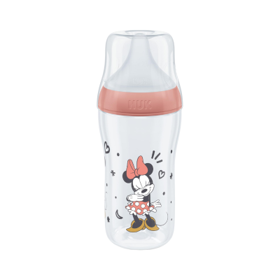 Biberão transparente com tampa rosa e Minnie Mouse desenhada