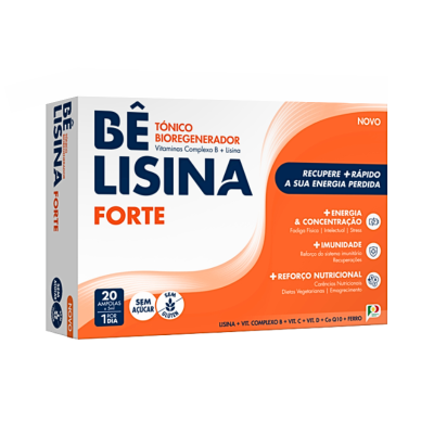 Embalagem de tónico bioregenerador BÊ LISINA FORTE, amarelo e branco, 20 ampolas