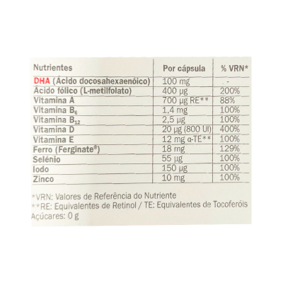 Tabela nutricional de suplemento alimentar com valores por cápsula e percentagens de VRN