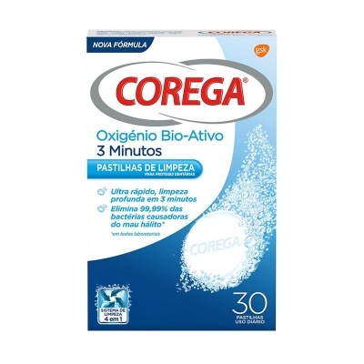 Embalagem de pastilhas Corega Oxigénio Bio-Ativo 3 Minutos para limpeza de próteses dentárias