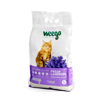 Saco de areia para gatos Weego Fresh Lavender 5L com imagem de gato e lavanda