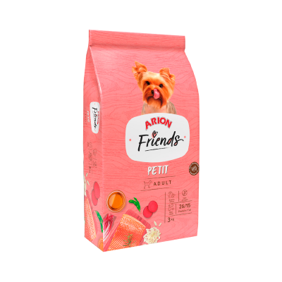 Saco rosa de ração para cães com imagem de um cão e texto ARION Friends Petit Adult