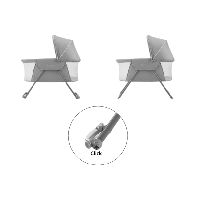 Berço portátil cinzento com capuz e rodas com botão click