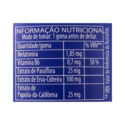 Rótulo azul com tabela de informação nutricional de suplemento em goma