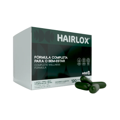Caixa do suplemento Hairlox com cápsulas verdes para cabelo, unhas e pele.