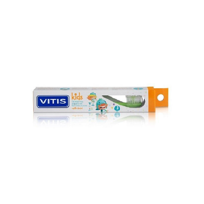 Escova de dentes infantil Vitis kids com embalagem branca e azul e detalhes em laranja