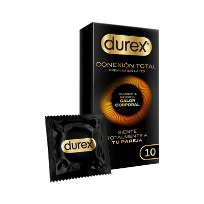 Embalagem de preservativos Durex CONEXIÓN TOTAL preta com detalhes dourados e um preservativo individual preto.