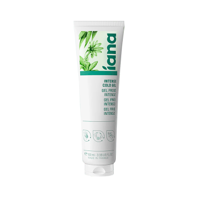 Tubo branco de gel com texto e folhas verdes