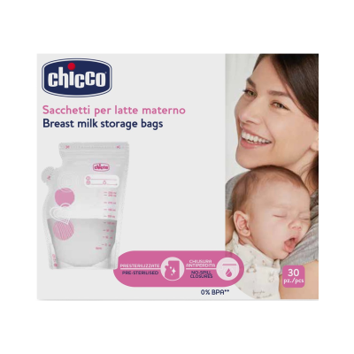 Embalagem de sacos para armazenamento de leite materno da Chicco com imagem de mãe e bebé