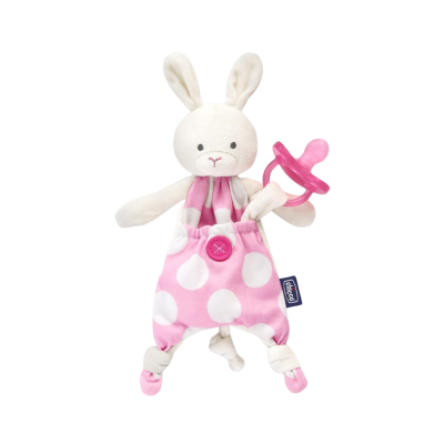 Pelúcia coelho branco com roupa rosa às bolinhas e chucha cor-de-rosa