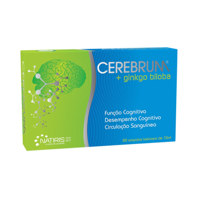Embalagem do suplemento CEREBRUM + ginkgo biloba azul e verde com ilustração de cérebro