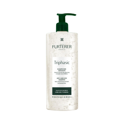 Frasco de shampoo antiqueda Triphasic René Furterer Paris com tampa verde