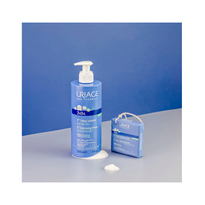 Frascos de creme de limpeza para bebé Uriage com dispenser e versão sólida azul