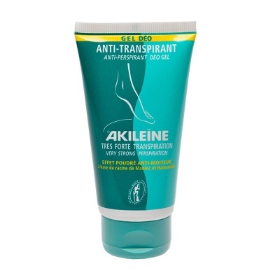 tubo de gel anti-transpirante Akileine verde e branco com texto e desenho de um pé