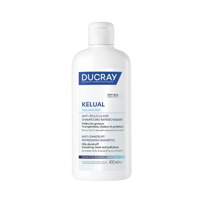 Frasco branco de champô Ducray Kelual Squanorm 400 ml