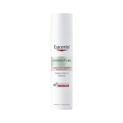 Frasco branco de sérum Eucerin DERMO PURE para redução de marcas pós-acne